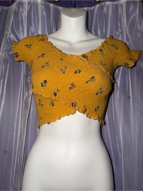 Hollister Mustard Yellow Smocked Floral Crop Top